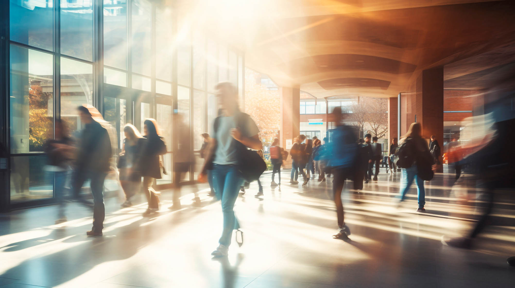 Studierende laufen über einen Gang zu ihrer Vorlesung an der Universität